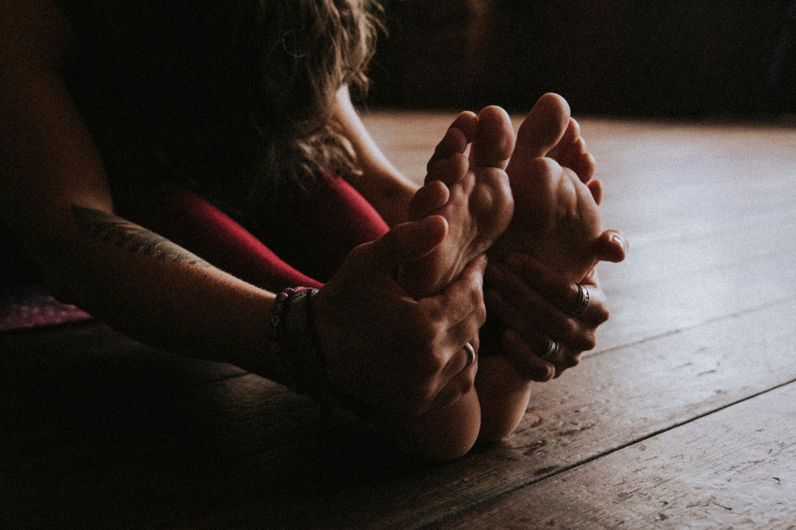 Yoga practice on wooden floor
